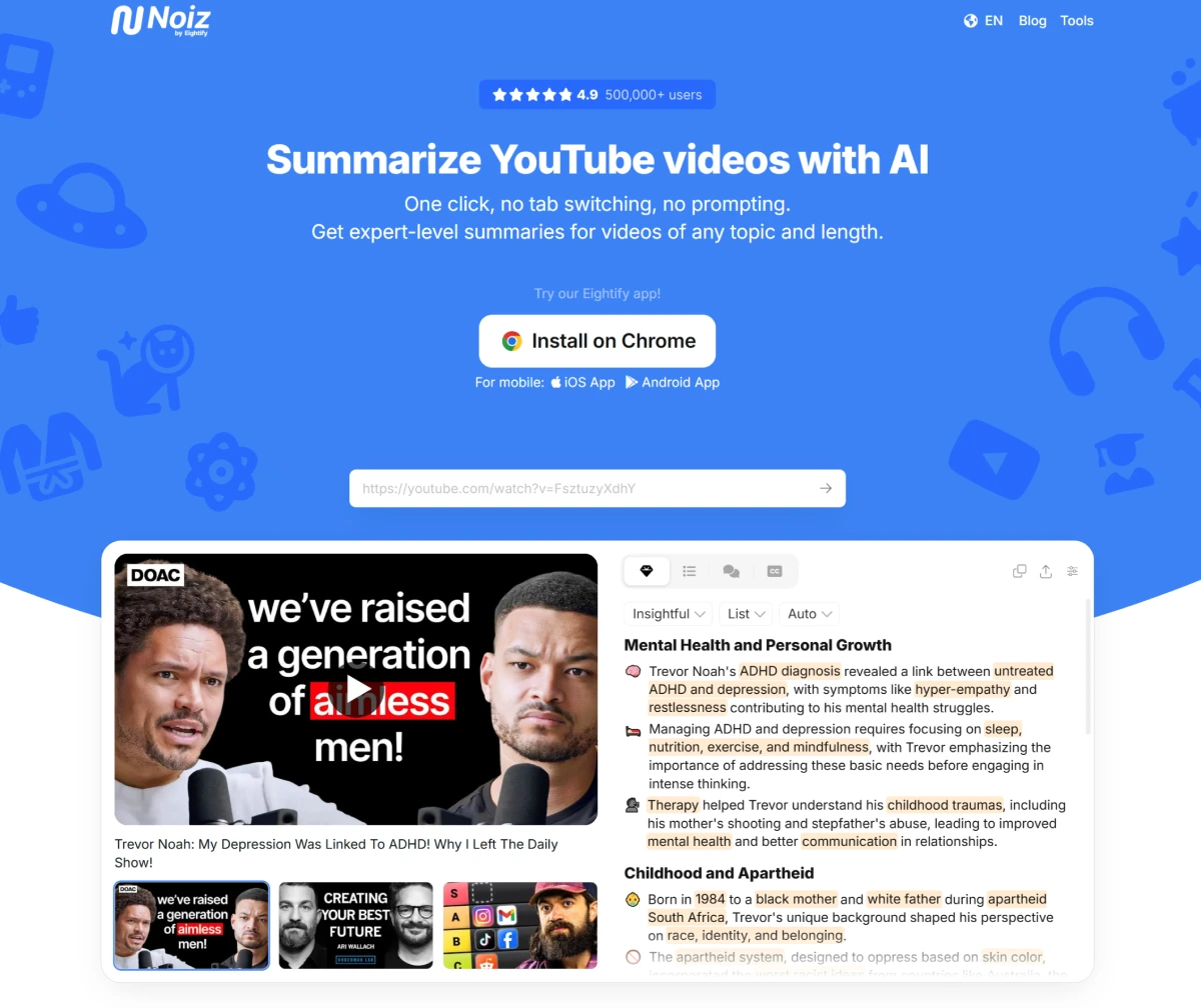 Noiz.io：AI驱动的YouTube油管视频摘要工具.webp